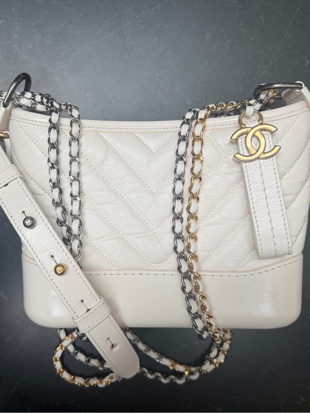 Authentic CHANEL Gabrielle Small Hobo white aged calfskin, mixed tone hardware